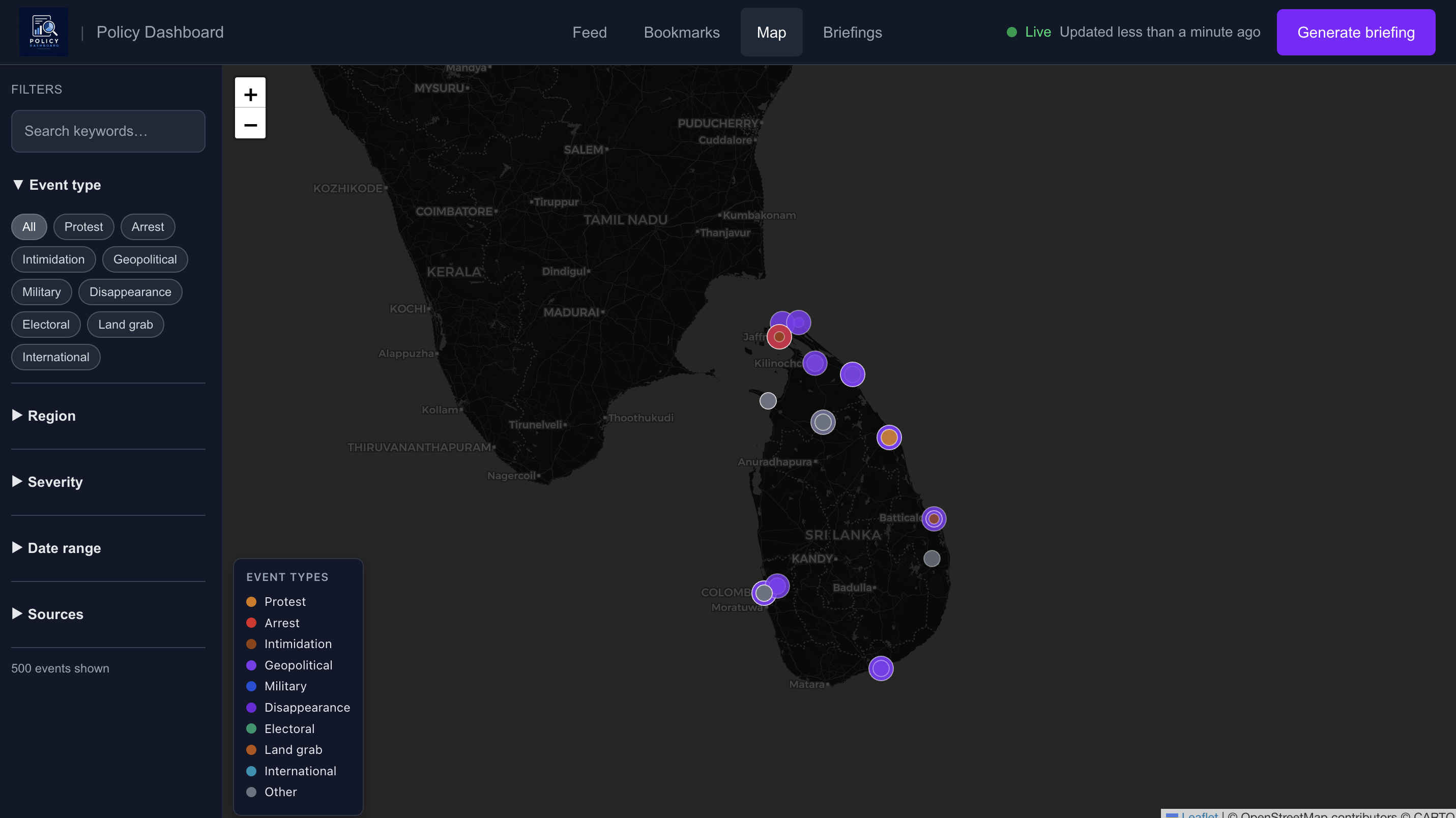 The event map, filtered to a region.